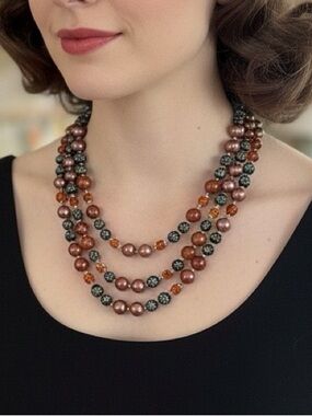Japan Triple Multi-Strand Brown Beaded Necklace